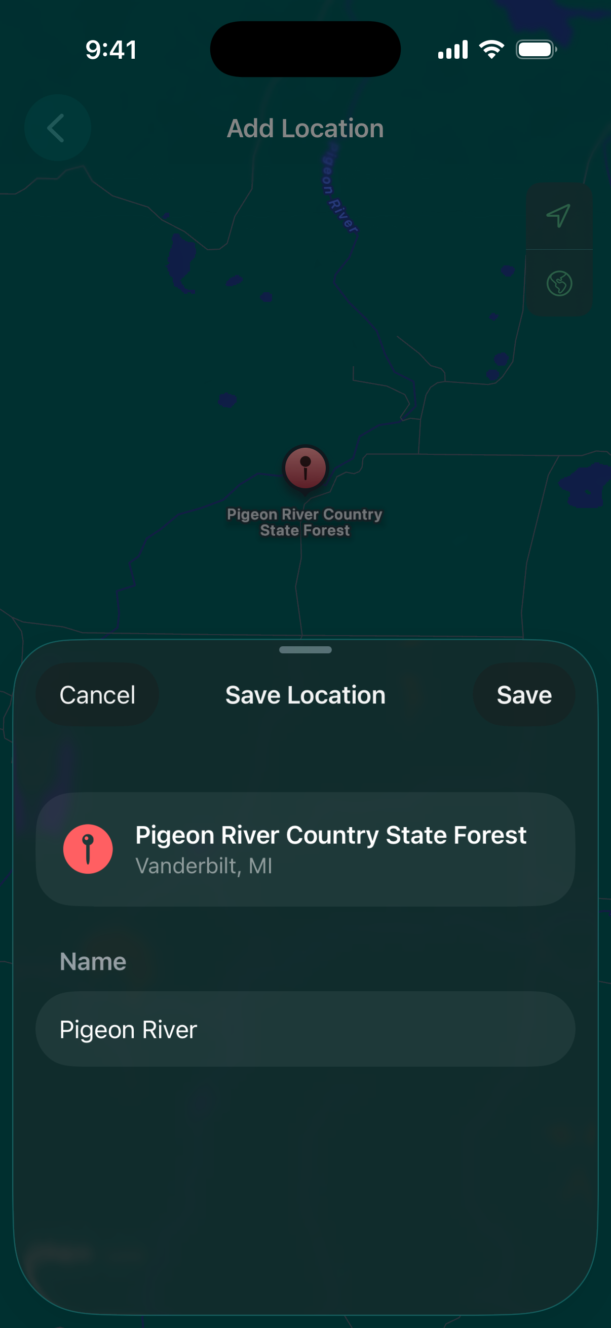 Location picker showing Apple Maps with a pin dropped at Pigeon River in northern Michigan