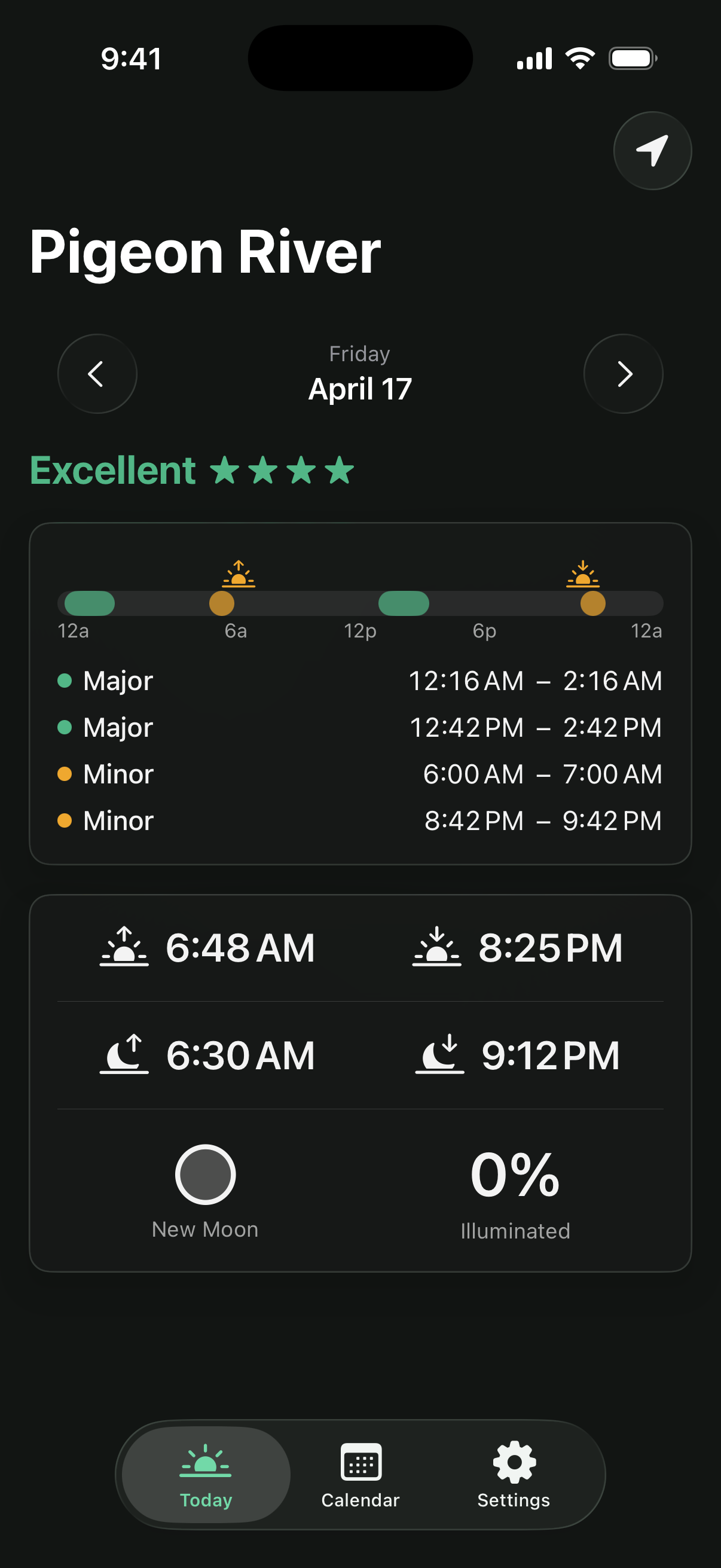 Lunar Hunt and Fish Today screen showing an Excellent activity rating